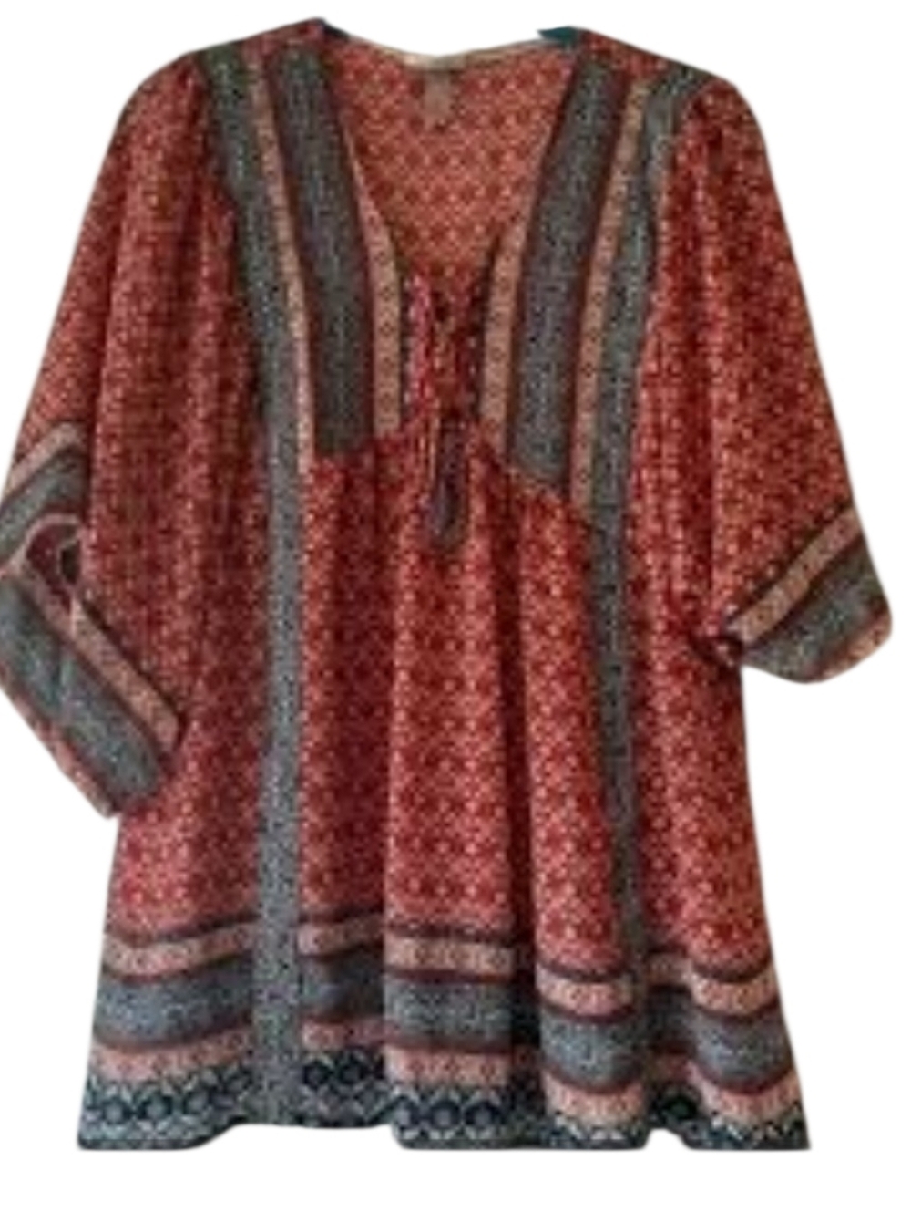 Knox Rose Rust Floral Peasant Tunic with Blue Border